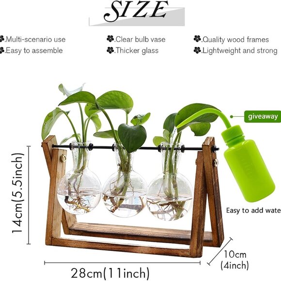 Plant Terrarium with Wooden Stand, Air Planter Bulb Glass Vase Metal Swivel Hold - Picture 2 of 6